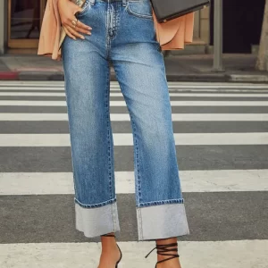 High Waisted Straight Leg Rolled Jeans
