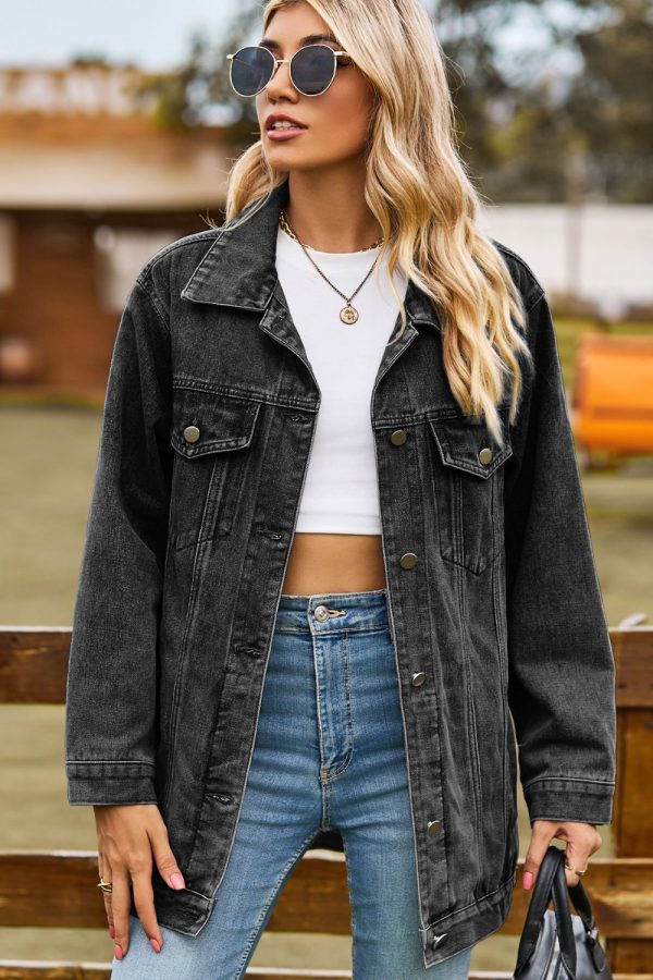 Buttoned Collared Neck Denim Jacket with Pockets - Image 9