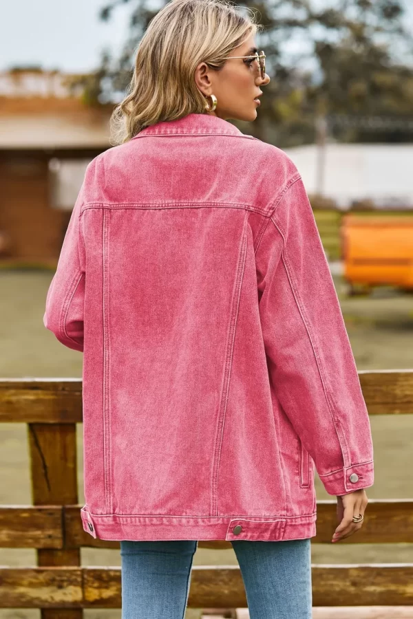 Buttoned Collared Neck Denim Jacket with Pockets - Image 5