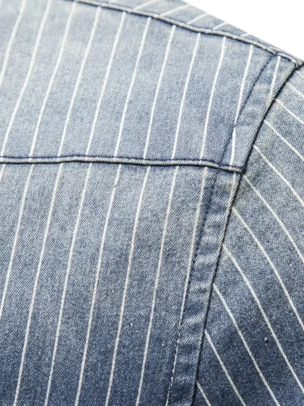 Men's Striped Collared Neck Button Down Denim Shirt - Image 2