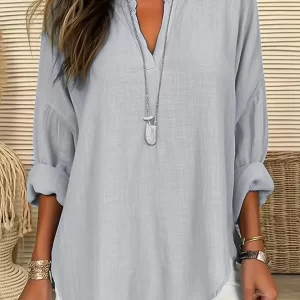 Solid Color Notched Long Sleeve Blouse