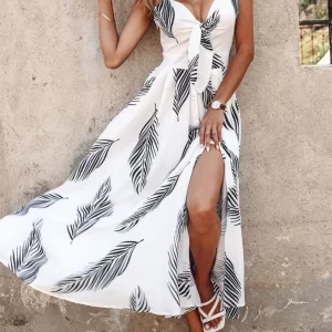 Feather Print Spaghetti Strap Split Dress