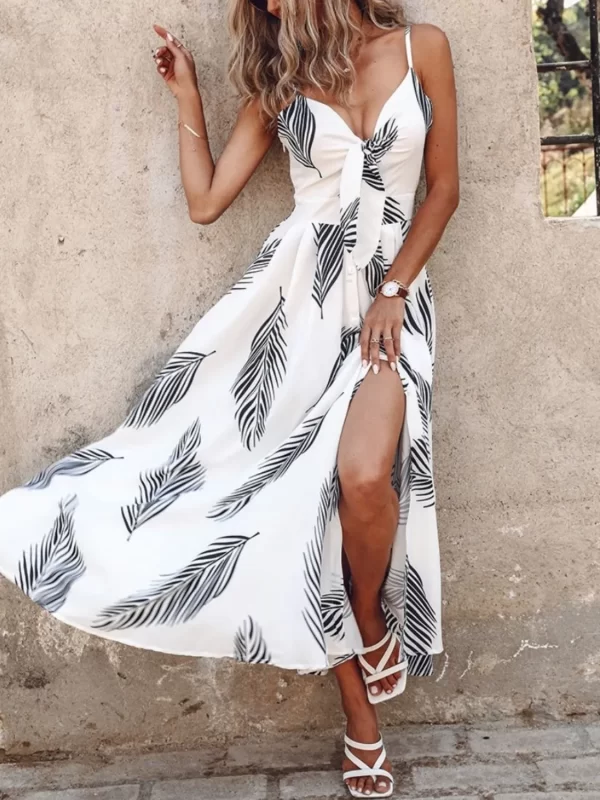 Feather Print Spaghetti Strap Split Dress