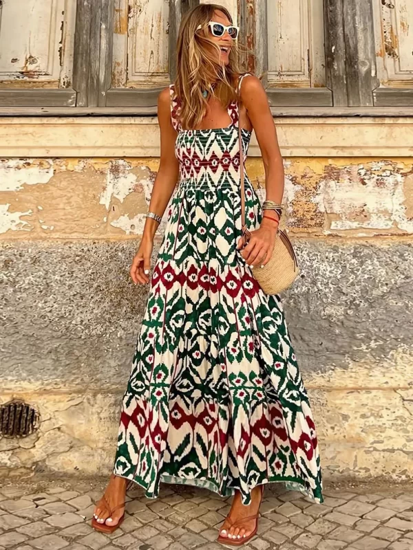 Smocked Printed Square Neck Sleeveless Dress - Image 20