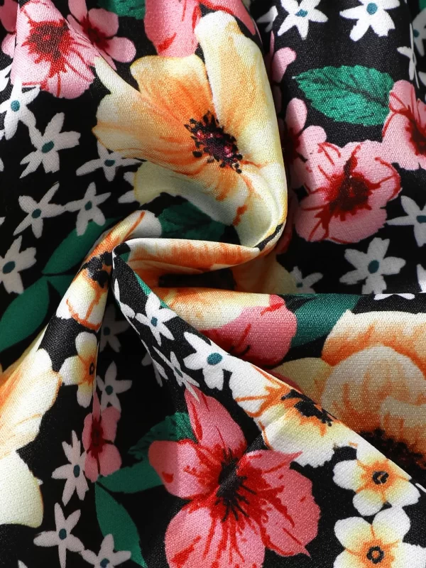 Children's Ruffled Bow Contrast Floral Dress with Headband - Image 2