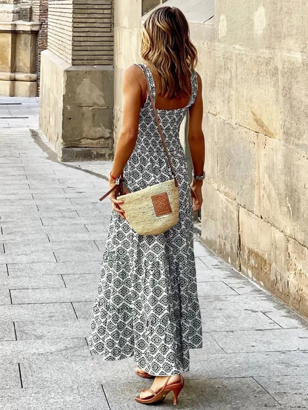 Smocked Printed Square Neck Sleeveless Dress - Image 26