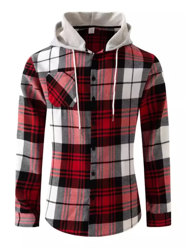 Men's Full Size Plaid Button Up Long Sleeve Hooded Top Plus Size - Image 3