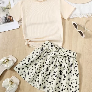 Children's Ribbed T-Shirt and Contrast Floral Skirt Set