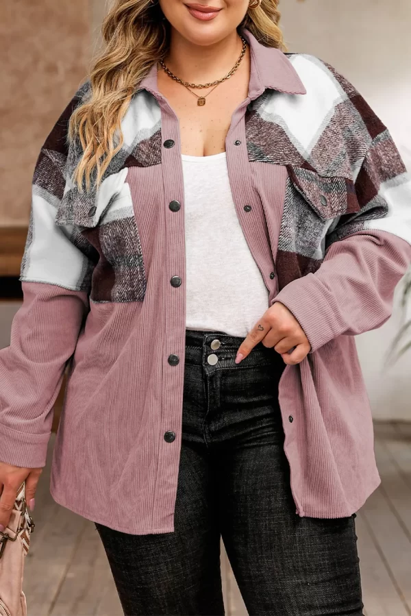 Plus Size Plaid Snap Down Jacket with Pockets - Image 6