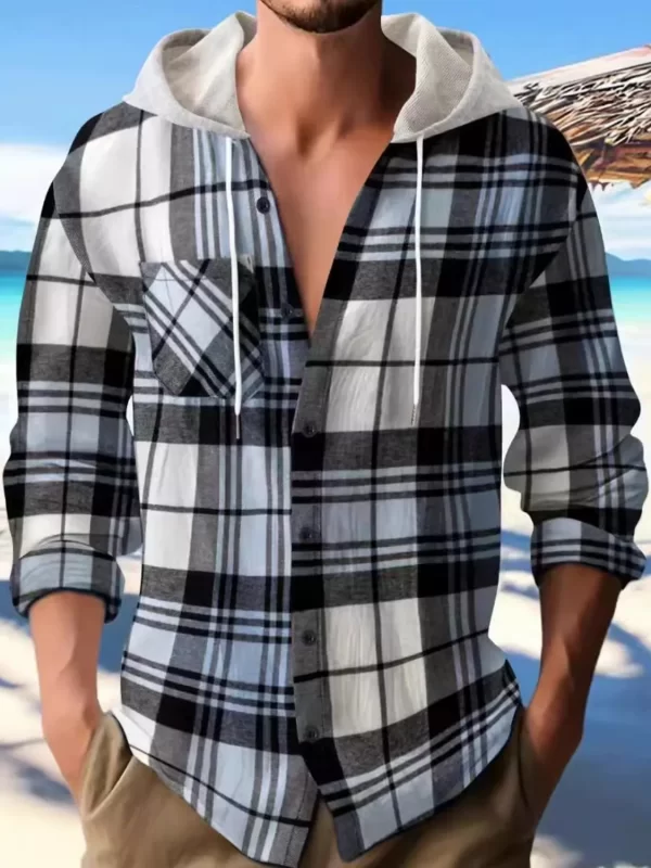 Men's Full Size Plaid Button Up Long Sleeve Hooded Top Plus Size - Image 6