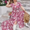 Plus Size Slit Printed V-Neck Maxi Dress