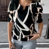 Abstract Print Puff Sleeve Notched Blouse