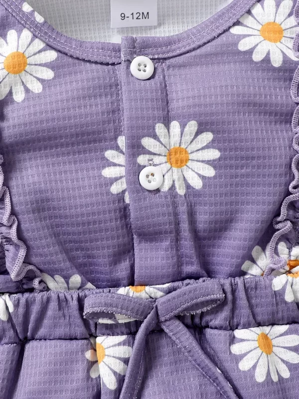 Children's Ruffled Round Neck Floral Romper with Headband - Image 6