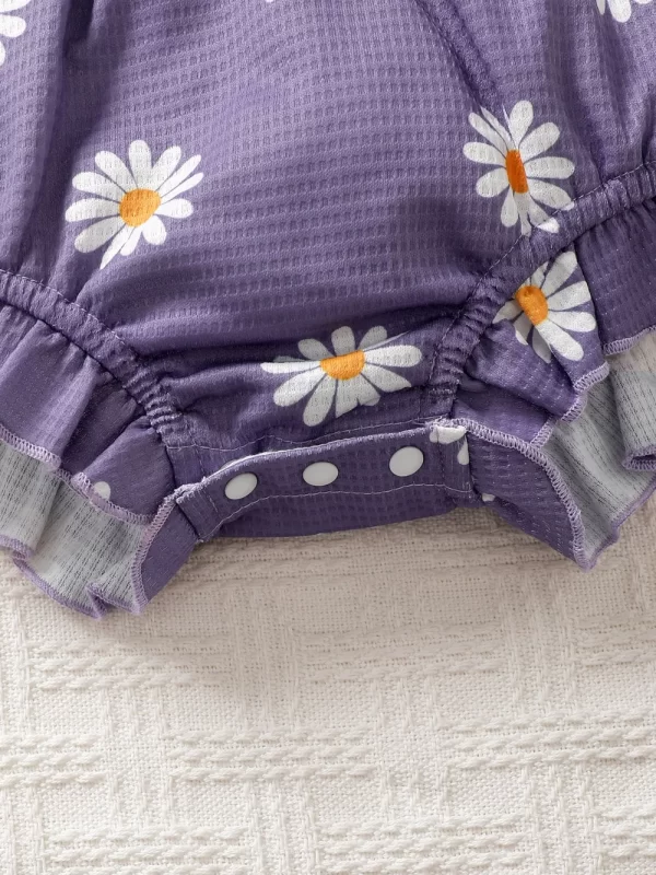 Children's Ruffled Round Neck Floral Romper with Headband - Image 4