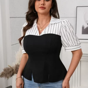 Plus Size Striped Johnny Collar Short Sleeve Blouse