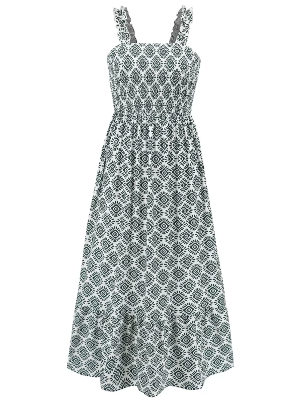 Smocked Printed Square Neck Sleeveless Dress - Image 24