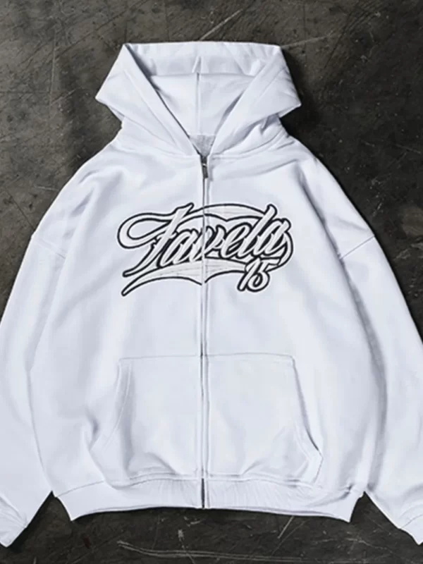 Men's Letter Embroidered Zip Up Long Sleeve Hoodie - Image 3