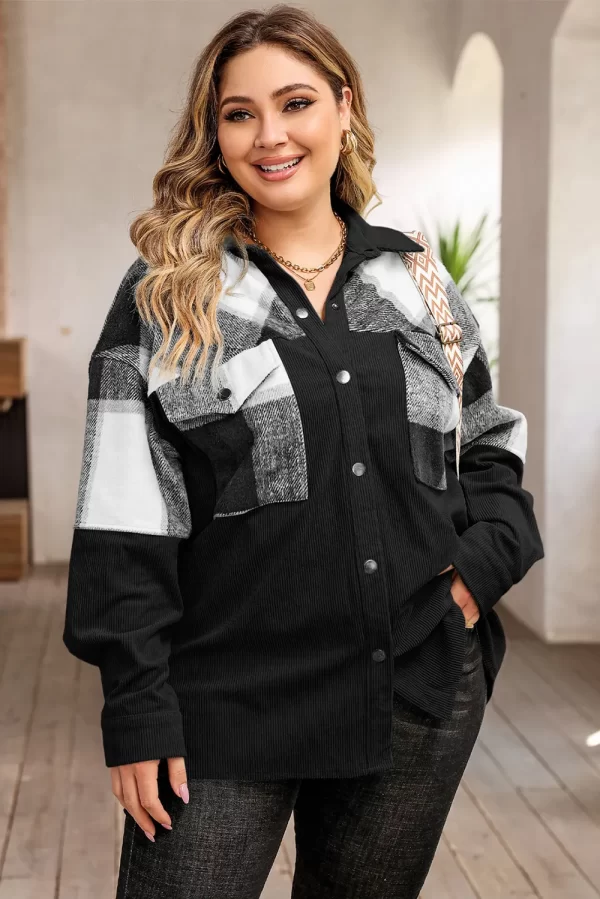 Plus Size Plaid Snap Down Jacket with Pockets - Image 11