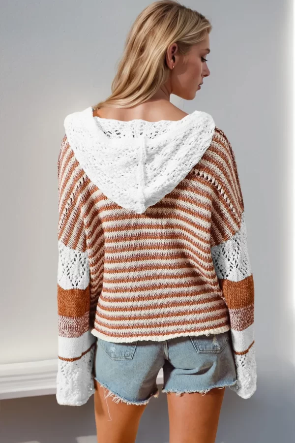 Double Take Full Size Openwork Contrast Long Sleeve Hooded Sweater - Image 2