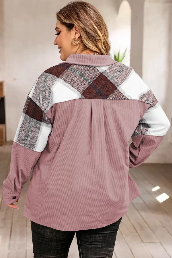 Plus Size Plaid Snap Down Jacket with Pockets - Image 5