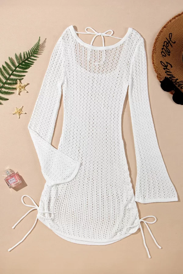 Hollow Out Bell Sleeve Drawstring Knit Cover Up Dress - Image 14