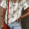 Bow Print Tie Neck Short Sleeve Blouse