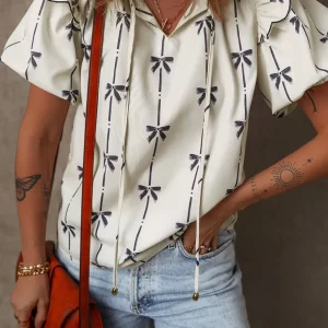 Bow Print Tie Neck Short Sleeve Blouse