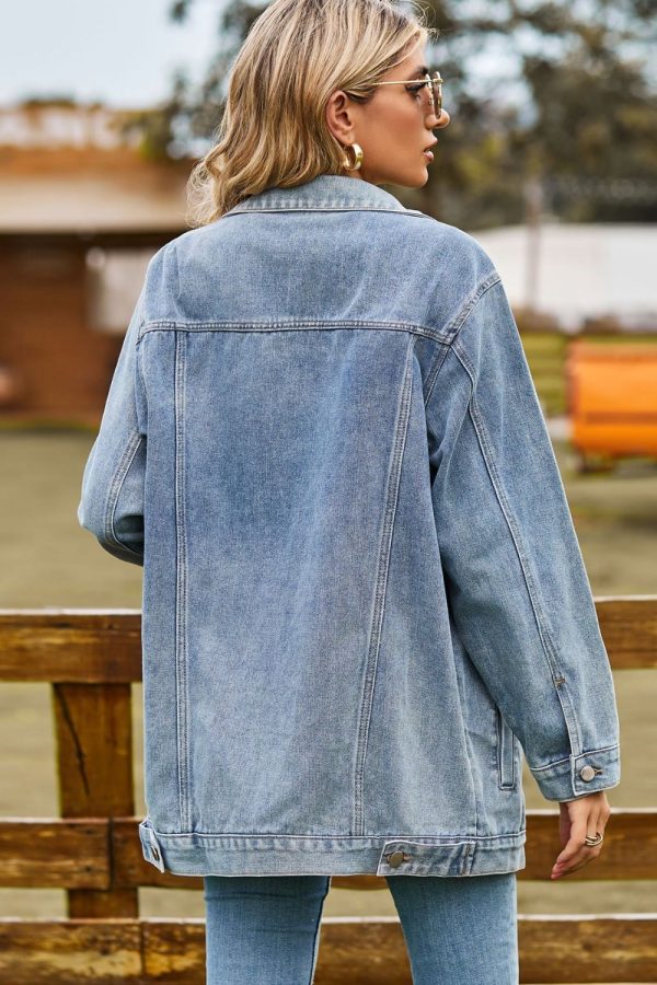Buttoned Collared Neck Denim Jacket with Pockets - Image 15