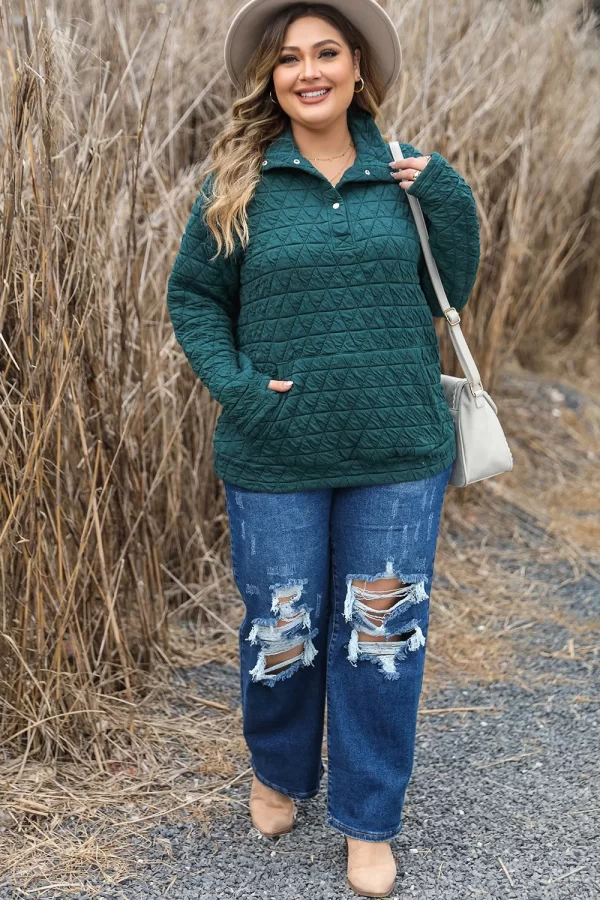 Plus Size Quarter Snap Quilted Sweatshirt - Image 2