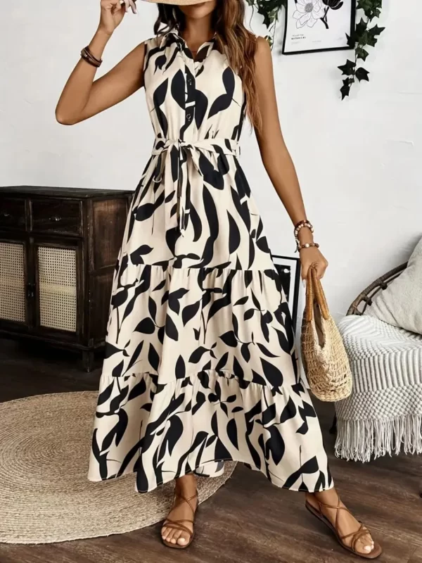 Printed Tie Waist Sleeveless Maxi Dress - Image 5