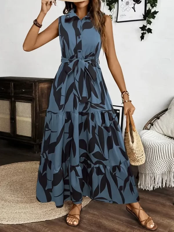 Printed Tie Waist Sleeveless Maxi Dress - Image 11