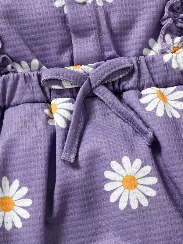 Children's Ruffled Round Neck Floral Romper with Headband - Image 7