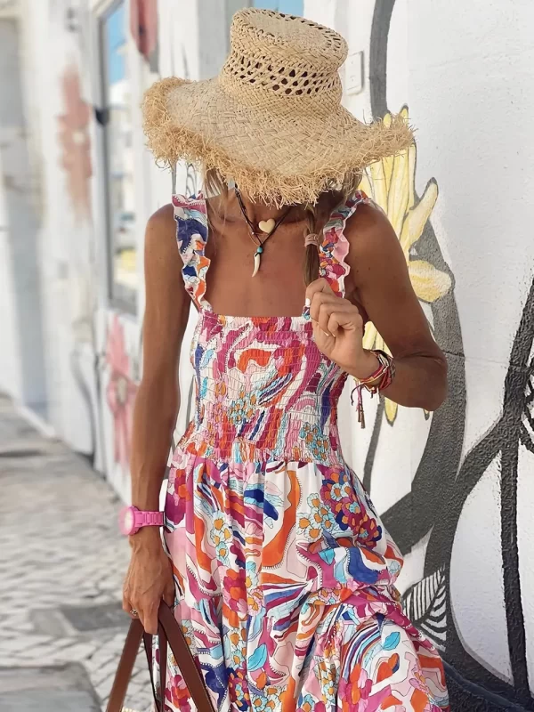 Smocked Printed Square Neck Sleeveless Dress - Image 13