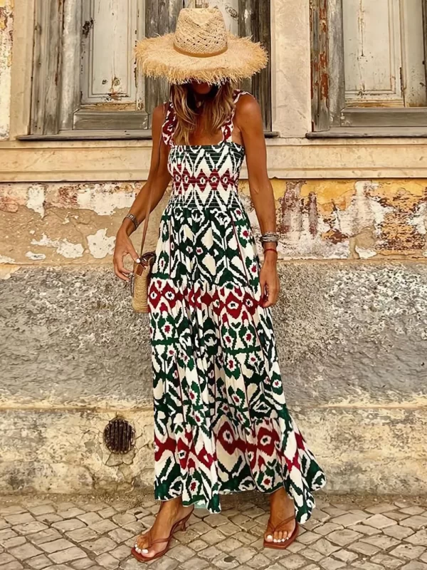 Smocked Printed Square Neck Sleeveless Dress - Image 21