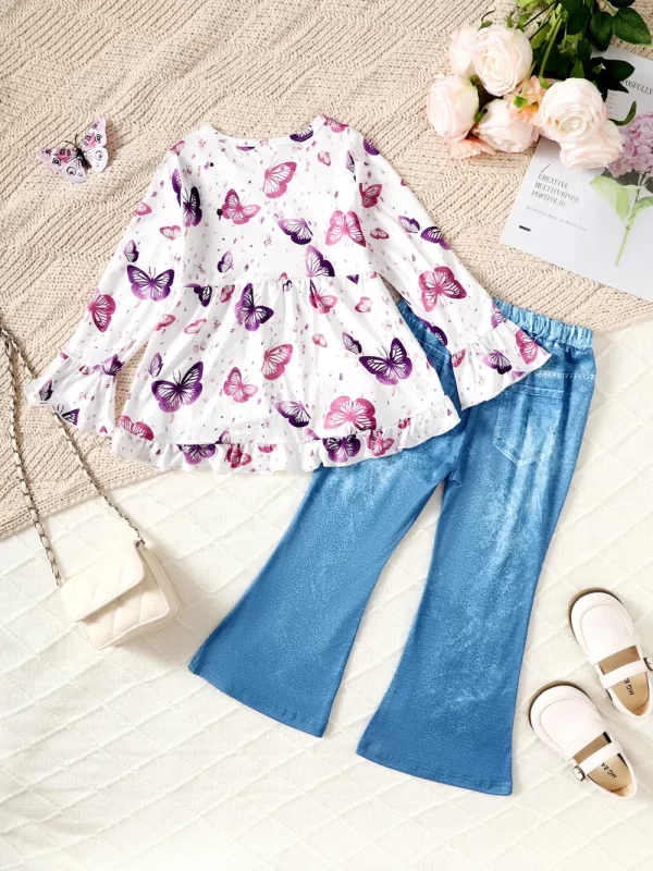 Children's Butterfly Print Top and Flare Pants Set - Image 7