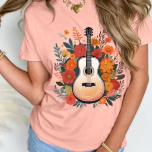 Guitar Flower Print Crew Neck Loose T Shirt
