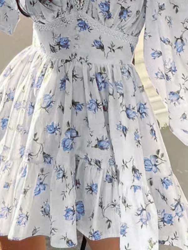 Lace Detail V-Neck Balloon Sleeve Dress - Image 3