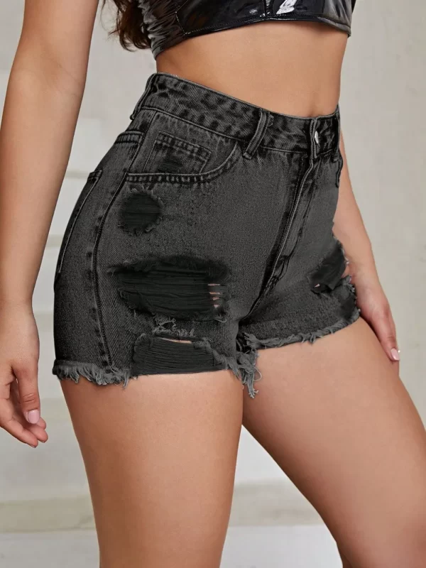 Distressed Raw Hem High Rise Denim Shorts - Image 8