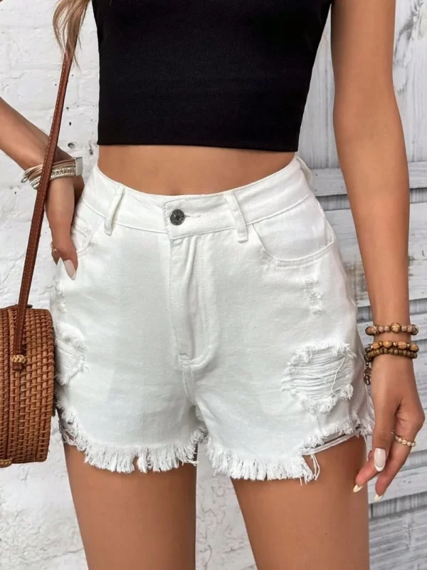 Distressed Raw Hem High Rise Denim Shorts - Image 14