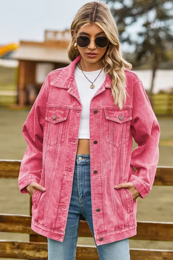 Buttoned Collared Neck Denim Jacket with Pockets - Image 6
