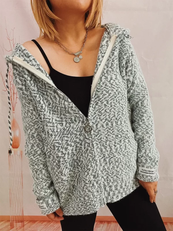 Zip Up Drawstring Long Sleeve Hooded Sweater - Image 9