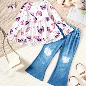 Children's Butterfly Print Top and Flare Pants Set
