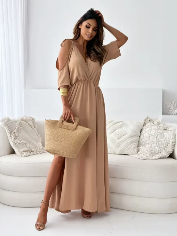 Tied Shoulder Slit Maxi Dress - Image 3