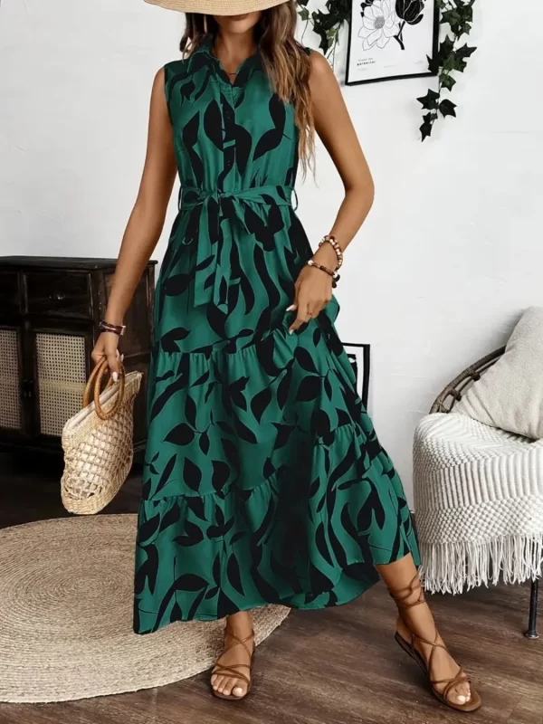 Printed Tie Waist Sleeveless Maxi Dress - Image 12
