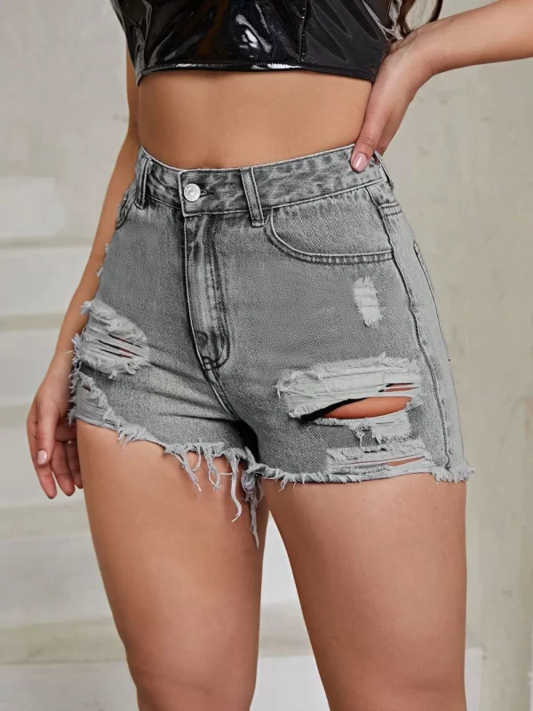 Distressed Raw Hem High Rise Denim Shorts - Image 3