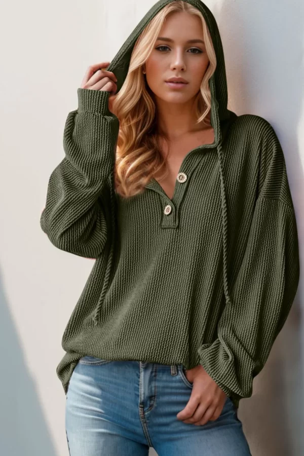 Double Take Full Size Half Button Long Sleeve Hoodie - Image 10