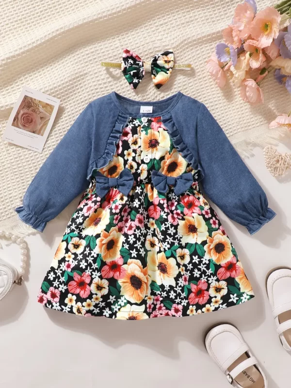 Children's Ruffled Bow Contrast Floral Dress with Headband