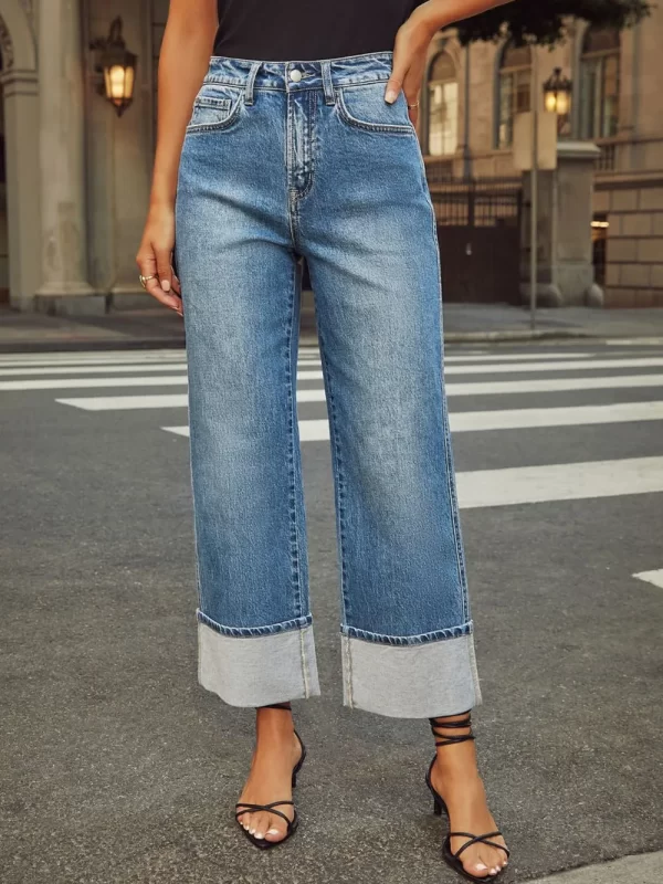 High Waisted Straight Leg Rolled Jeans - Image 16