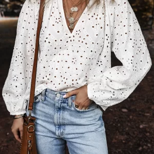Eyelet V-Neck Long Sleeve Blouse