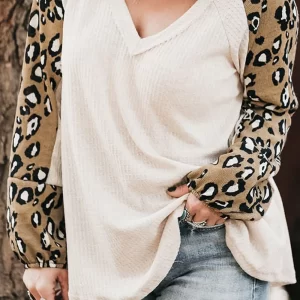 Plus Size Leopard V-Neck Raglan Sleeve Blouse